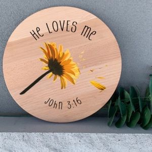 He Loves Me 12”Thin Birchwood Round Handmade Wall Art